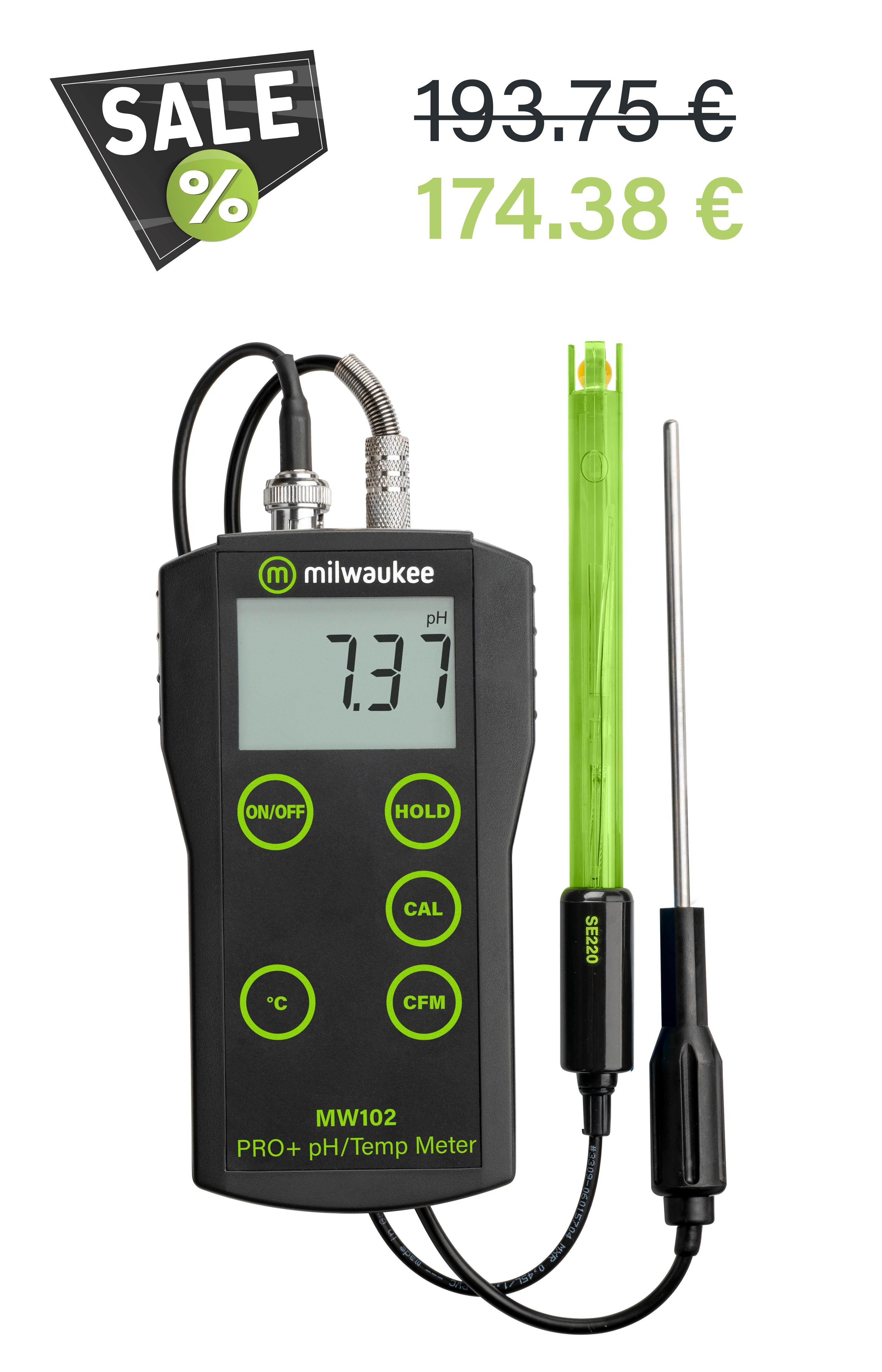 Milwaukee MW102 PRO+ 2-in-1 pH and Temperature Meter with ATC